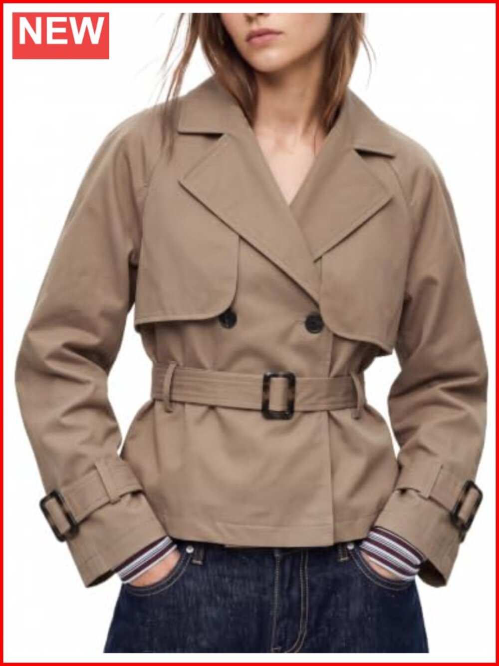 Women Cropped Trench Coat Double Breasted Jacket Oversized